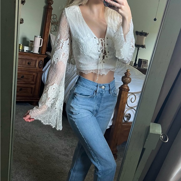 One Way Small White Floral Pattern Lace-up Top - Picture 1 of 14